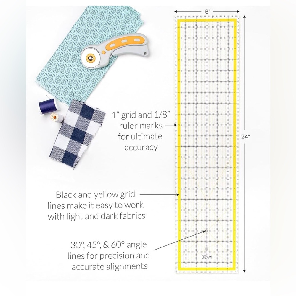 Sewing Ruler with Rotary Cutter and Fabric Pieces